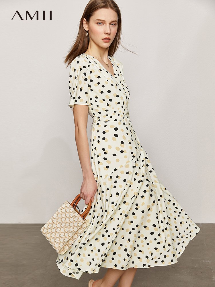 Amii Minimalism Summer New Dress For Women Fashion Printed Vneck Slim Fit Calf-length Aline Women's Chiffon Dress 12140471 - K&F