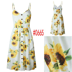Lossky Women Summer Sunflower Dress Sexy Strapless Dress Midi Button Backless Floral Sundress Beach Female 2020 Women Clothes - K&F