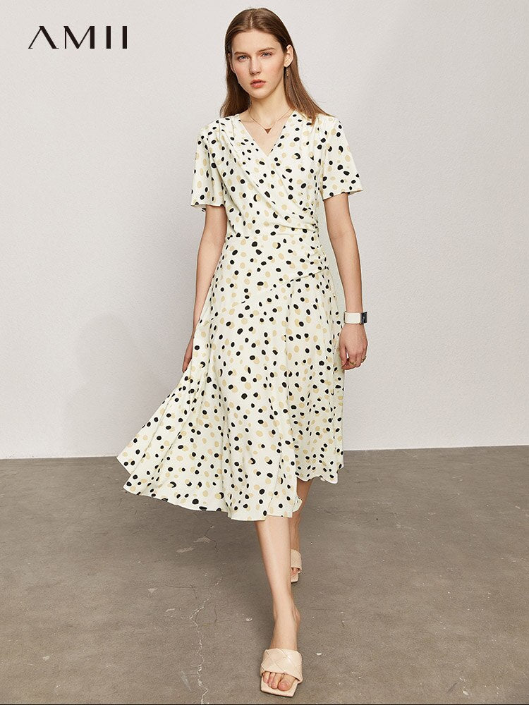 Amii Minimalism Summer New Dress For Women Fashion Printed Vneck Slim Fit Calf-length Aline Women's Chiffon Dress 12140471 - K&F
