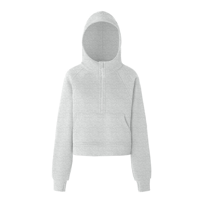 Warm Lining Fleece Lined Sports Sweater Women Short Hood Half Loose Zip Yoga Sports Jacket