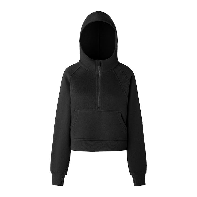 Warm Lining Fleece Lined Sports Sweater Women Short Hood Half Loose Zip Yoga Sports Jacket
