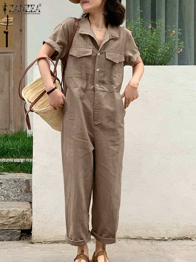 ZANZEA Solid Color Women's Jumpsuit Summer Short Sleeve Turn Down Collar Playsuit Femme Fashion Casual Loose Romper Oversized - K&F
