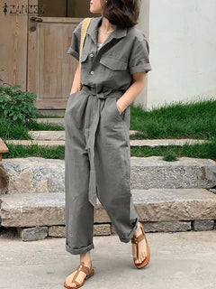 ZANZEA Solid Color Women's Jumpsuit Summer Short Sleeve Turn Down Collar Playsuit Femme Fashion Casual Loose Romper Oversized - K&F