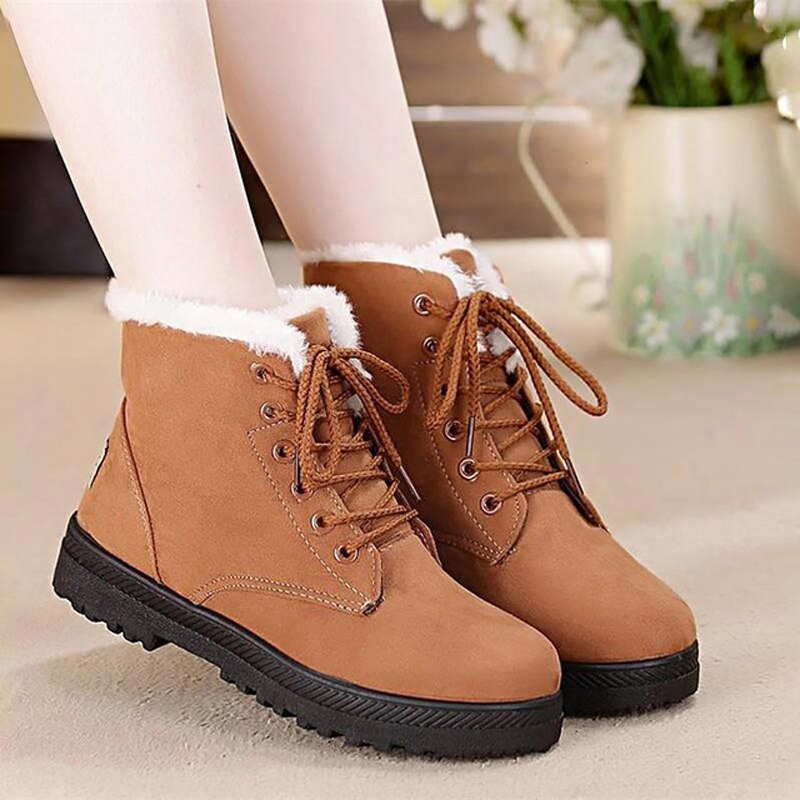 Classic Women Snow Boots Winter Boots Women Lace-Up Flat Heel Ankle Boots for Women Shoes Warm Fur Plush Shoes Woman WSH2461