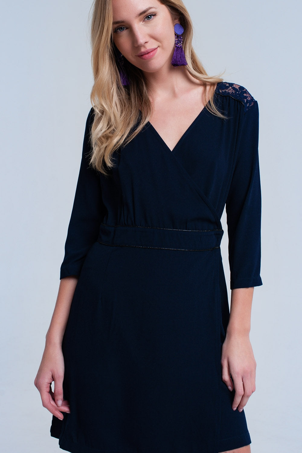 Navy Wrap Dress With Lace Detail