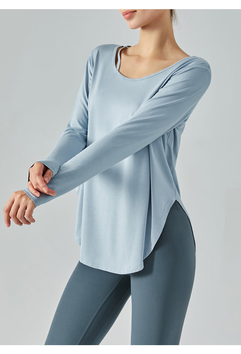 Yoga Clothes Autumn Winter Split Long Sleeve T shirt Sports Blouse Long Shirt Arc Hem Thin Fitness Clothes Women