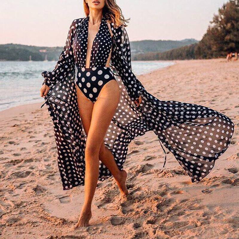 Loose Chiffon Polka Dots Cardigan Beach Cover-up Vacation Bikini Cover-up Sun Protection Shirt Women
