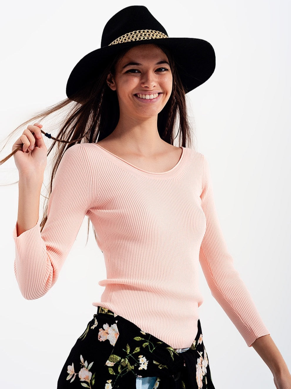Pink Knitted Wide Neck Sweater
