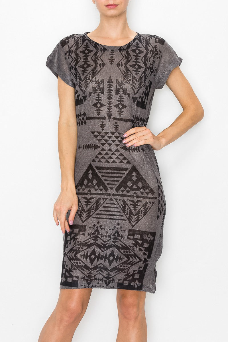 Short Sleeve Aztec Print Dress - Grey