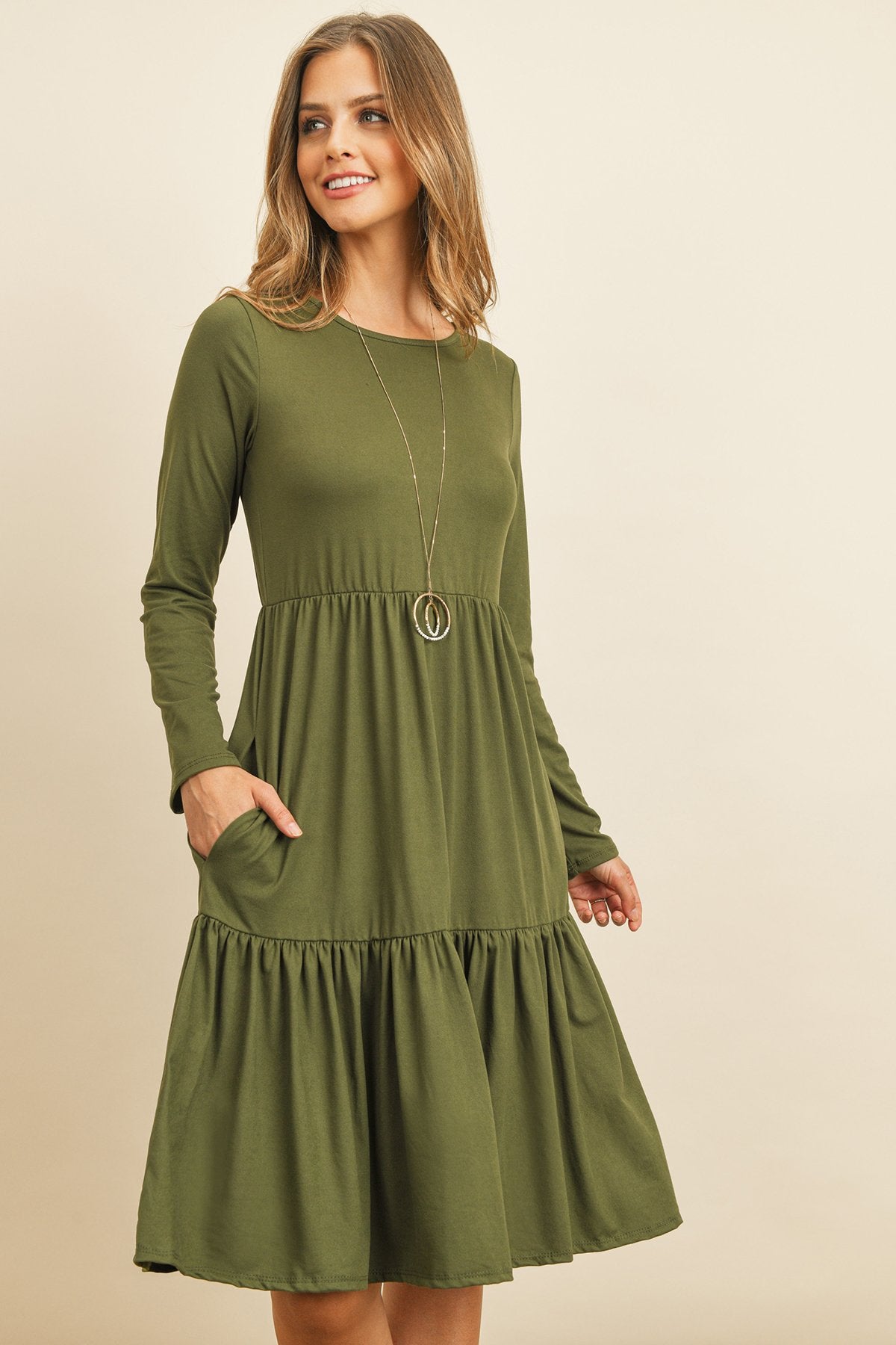 Solid Long Sleeve Double Layered Ruffle Dress