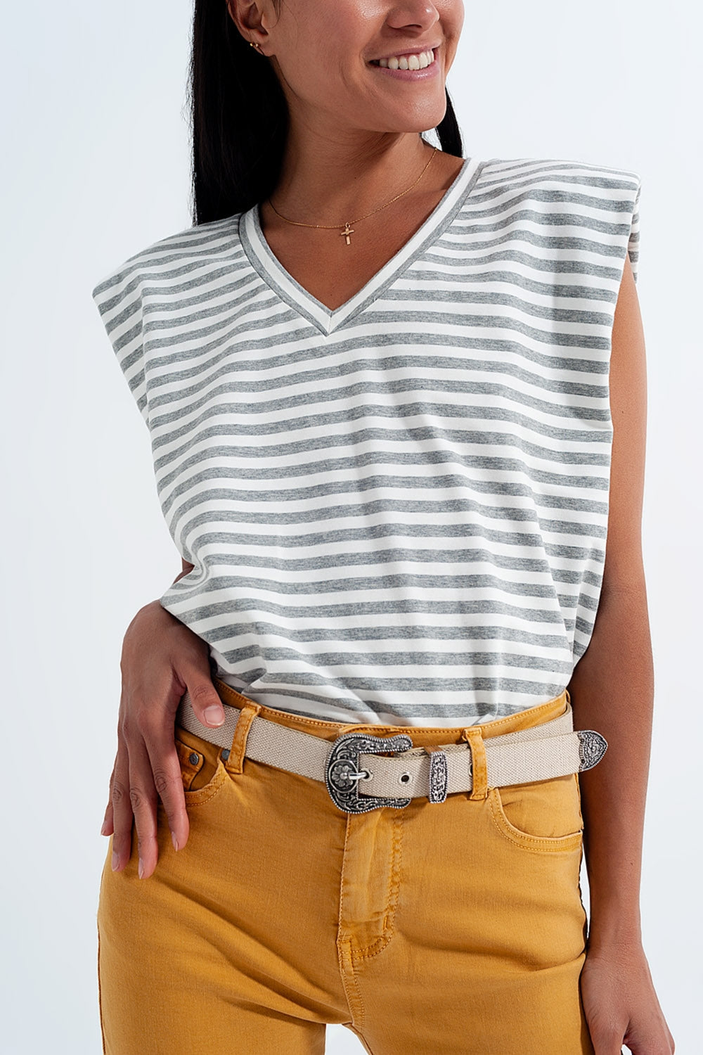 Sleeveless T Shirt With Shoulder Pad in Gray Stripe