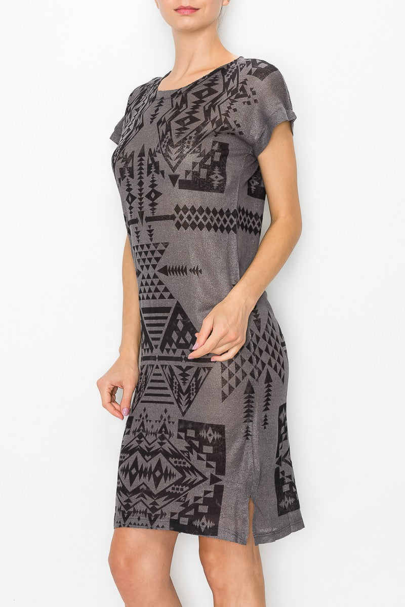Short Sleeve Aztec Print Dress - Grey