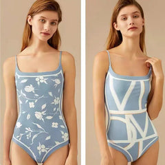 Double-sided Wear Retro French Suspender Swimwear One-piece Swimsuit AB Pattern Floral Bikini Monokini Youth Beach Bathing SuitsK&F
