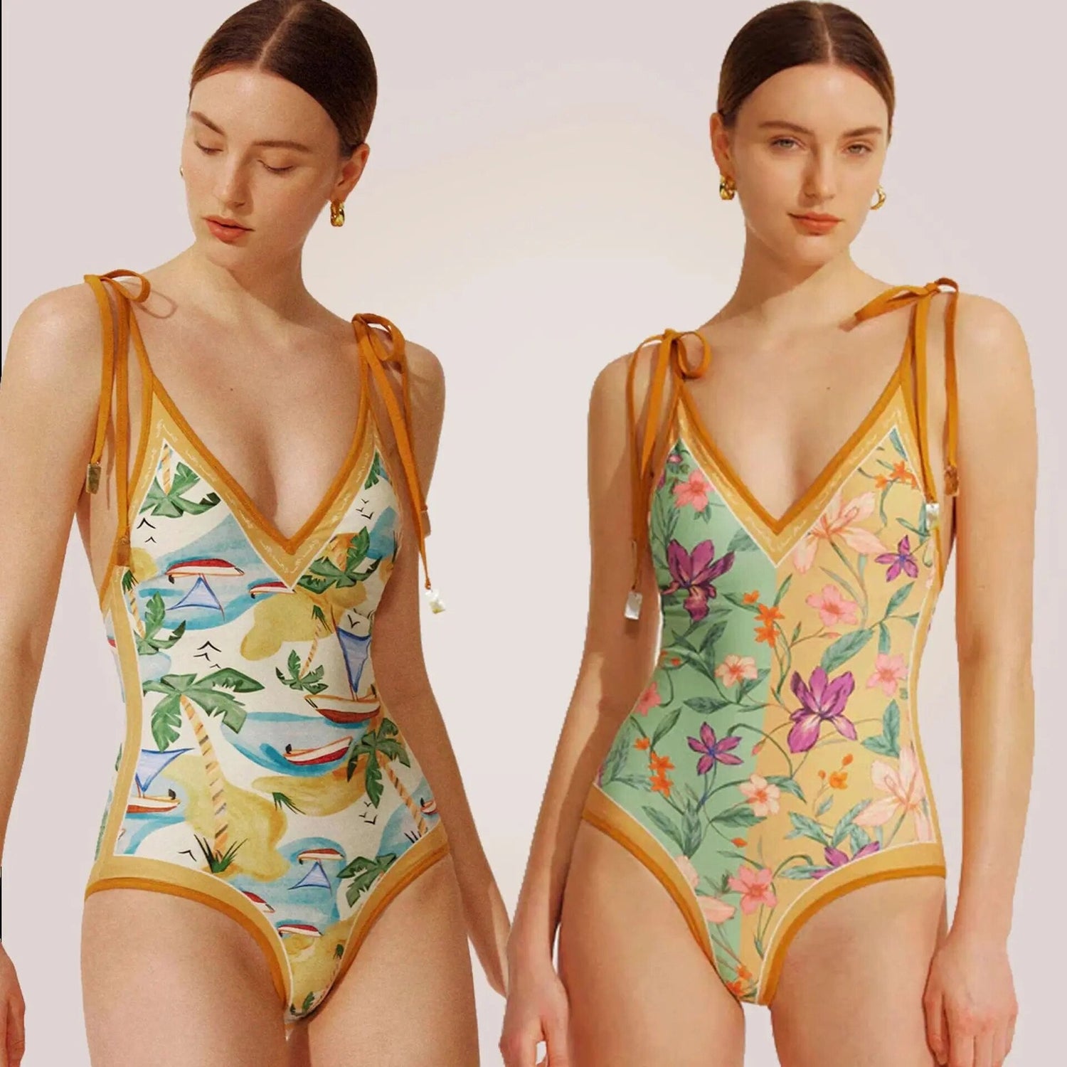 Double-sided Wear Retro French Suspender Swimwear One-piece Swimsuit AB Pattern Floral Bikini Monokini Youth Beach Bathing SuitsK&F