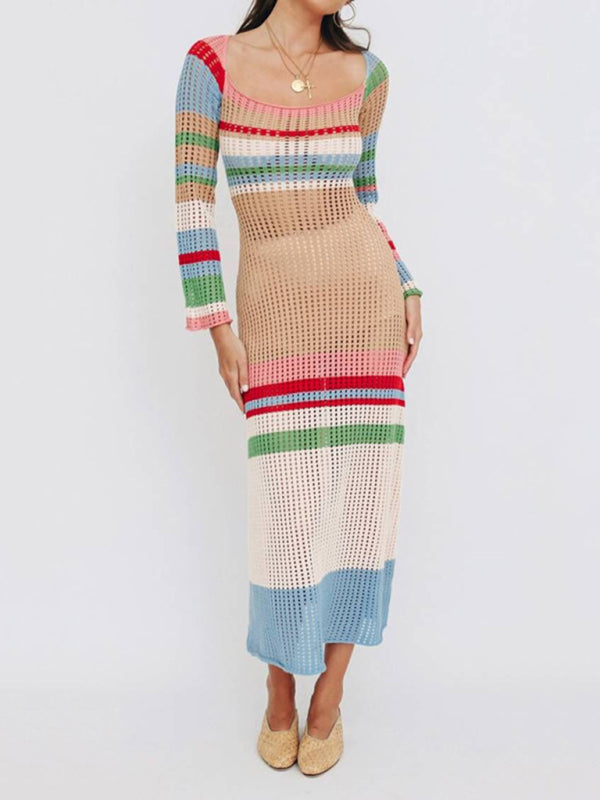 New colorful contrasting U-neck sexy hollow long-sleeved knitted midi dress
